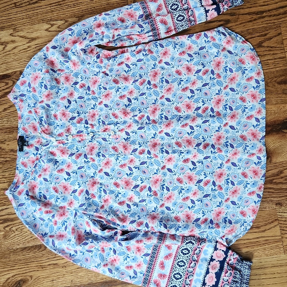 Talbots Floral Popover Blouse Womens Small Pet Long Sleeve Orange Pink Navy